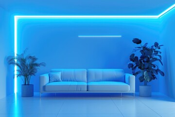 Poster - A modern blue room with a white couch and a potted plant, suitable for interior design concepts