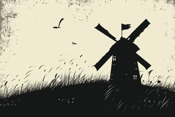 Poster - A black and white picture of a windmill in a field. Ideal for rural landscapes