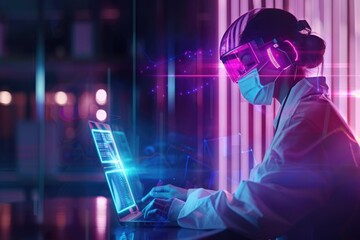 Poster - Person wearing face mask while using laptop, suitable for health and technology concepts