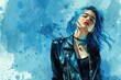 Stylish woman with blue hair in a leather jacket, perfect for fashion or urban lifestyle concepts