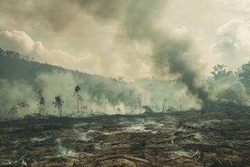 Poster - Smoke rising from a large field, suitable for environmental and disaster concepts