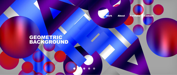 Poster - Geometric background featuring circles, triangles, and balls in red, blue, and violet. The material properties and engineering of the pattern create an electric blue and magenta aesthetic