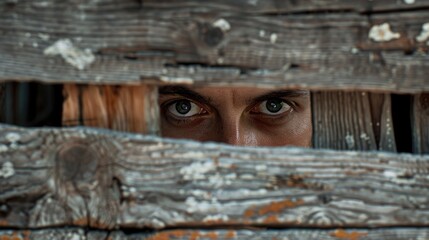 Poster - A person peeking through a wooden fence. Suitable for privacy or curiosity concepts