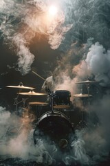 Aufkleber - A drum set with smoke coming out of it. Ideal for music and concert themes