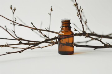 Poster - A bottle of essential oil sitting on a branch. Perfect for aromatherapy concepts