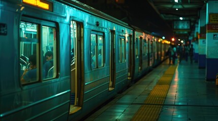 Poster - A subway train stopped at a train station. Suitable for transportation concepts