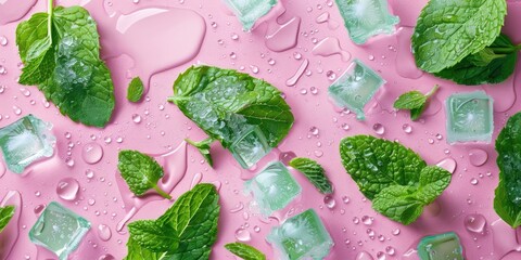 Poster - Fresh and cool pink background with ice cubes and mint leaves, perfect for summer themes