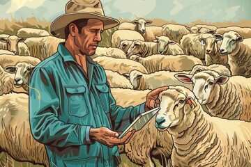 Poster - A man standing in front of a herd of sheep. Suitable for agriculture concepts