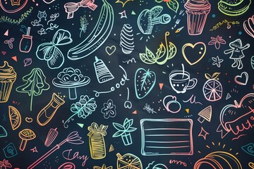 Poster - Various drawings on a blackboard, suitable for educational or creative concepts