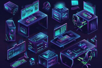 Poster - Diverse computer devices on a work surface. Suitable for technology concept