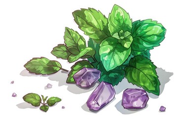 Poster - A sprig of basil with crystals, perfect for food and wellness concepts