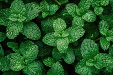 Poster - Fresh green leaves with glistening water droplets, perfect for nature-themed designs