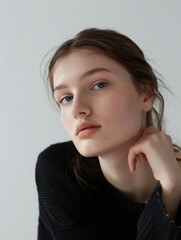 Poster - Average-looking woman in a minimalist studio setting, pure white backdrop