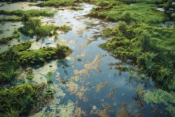 Poster - Serene stream flowing through vibrant green field, suitable for nature and landscape projects