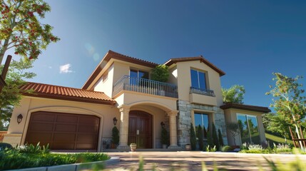 Aufkleber - A house featuring a balcony and garage, suitable for real estate concepts