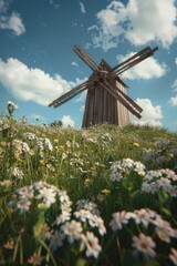 Poster - A picturesque windmill standing in a field of colorful flowers. Ideal for nature and agriculture concepts