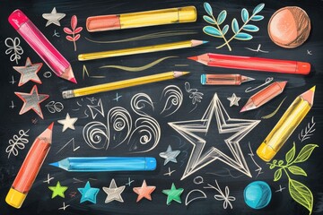 Poster - A variety of colored pencils on a blackboard. Suitable for educational and artistic themes