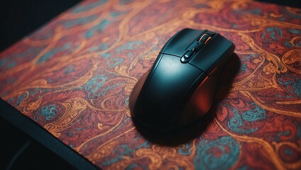 a minimalistic black wireless computer mouse on a mat covered with colorful patterns