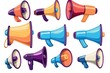 Various colored megaphones on a plain white backdrop. Great for advertising or communication concepts