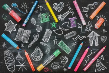 Poster - Colorful crayons on a blackboard, perfect for educational projects