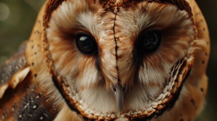 Poster - Close up of an owl's face with a blurry background. Suitable for nature and wildlife themes