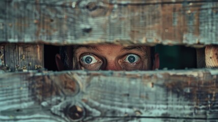 Poster - A man peering through a hole in a wooden fence. Suitable for concepts of curiosity and surveillance