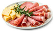 Plate with tasty slices of ham, rosemary and cheese isolated on white background