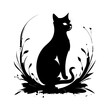 Black silhouette of a cat sitting on a floral background. Vector illustration