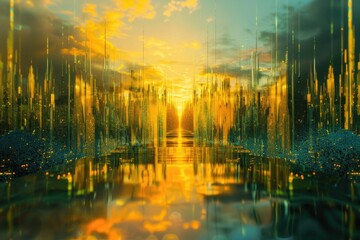 Poster - Beautiful sunset scene over a tranquil lake or river. Suitable for nature and landscape concepts