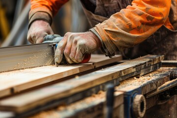Poster - A person using a planer to cut a piece of wood. Ideal for woodworking projects