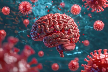 Poster - Medical concept with brain surrounded by red cells. Suitable for healthcare or scientific projects