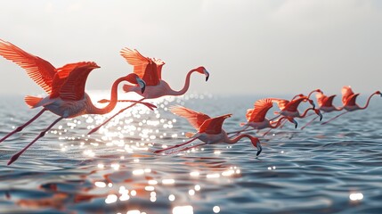 Wall Mural - A flock of flamingos flying over the ocean