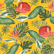 Anthurium and strelitzia seamless pattern. Large red, orange, pink, flowers and green leaves white background. Square design fabric, wallpaper, scrapbook, wrap, invitation cards. yellow background