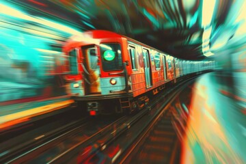 Poster - A blurry photo of a train approaching on the tracks. Suitable for transportation themes