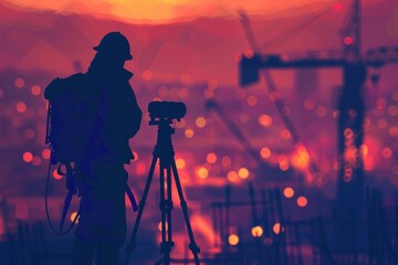 Poster - A man standing with a camera on a tripod. Ideal for photography concepts