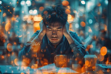 Poster - Showcasing a person overpowered by an intricate net of digital connections, this image speaks to the overwhelm of information in modern life