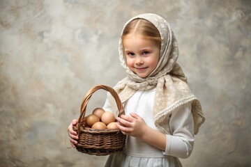 Happy bright Easter. Christianity. Portrait of a three-year-old girl in a Russian folk dress and shawl with a wicker basket with Easter eggs in her hands against the background of an Orthodox church.