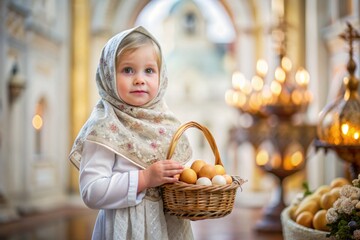 Happy bright Easter. Christianity. Portrait of a three-year-old girl in a Russian folk dress and shawl with a wicker basket with Easter eggs in her hands against the background of an Orthodox church.