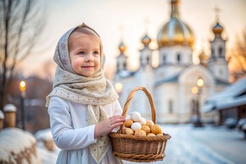 Happy bright Easter. Christianity. Portrait of a three-year-old girl in a Russian folk dress and shawl with a wicker basket with Easter eggs in her hands against the background of an Orthodox church.