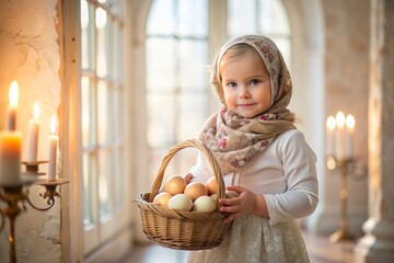 Happy bright Easter. Christianity. Portrait of a three-year-old girl in a Russian folk dress and shawl with a wicker basket with Easter eggs in her hands against the background of an Orthodox church.