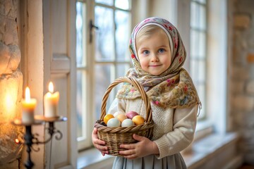 Wall Mural - Happy bright Easter. Christianity. Portrait of a three-year-old girl in a Russian folk dress and shawl with a wicker basket with Easter eggs in her hands against the background of an Orthodox church.