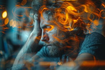 Poster - This dynamic image captures an abstract view with swirling light trails against a backdrop of rich, blue tones and bokeh effects