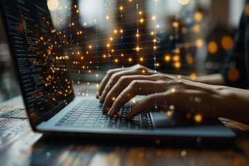 Poster - Close-up shot of hands typing on a laptop keyboard with an overlay of digital code