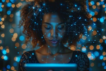 Poster - A young woman engaged with a tablet, surrounded by a futuristic network and bokeh lights