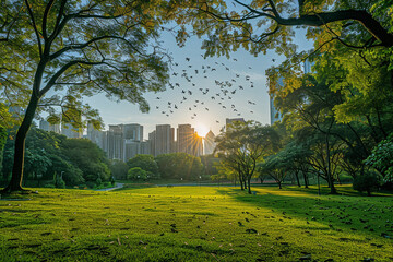 Wall Mural - Green public park surrounded with big buildings in the city