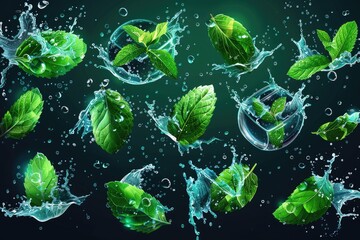 Poster - Green leaves falling into the water, suitable for nature concepts