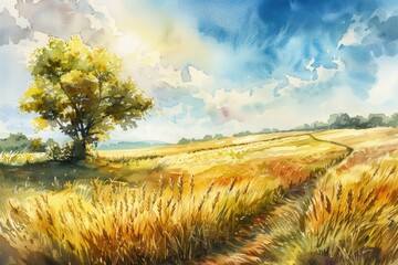 Poster - A peaceful watercolor painting of a solitary tree in a field. Ideal for nature-themed designs