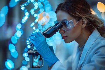 Poster - A scientist in a lab coat pipetting a blue liquid with DNA double helixes illuminated in the background