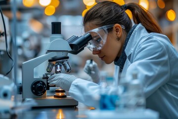 Poster - An experienced lab technician fine-tuning a microscope for an accurate examination of a specimen