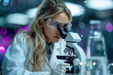 Poster - A diligent researcher is intensely focused on observing a sample using high-precision microscope in a lab